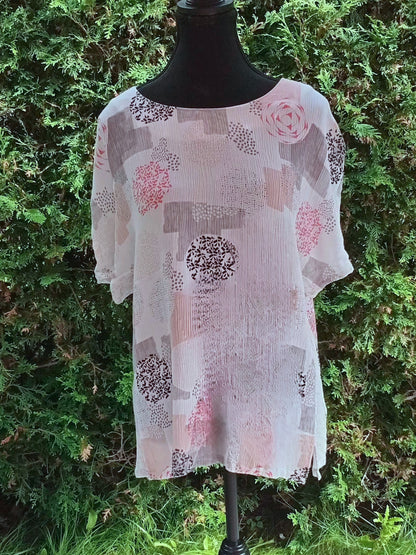 Haut bohème imprimé crème, gris et vieux rose (L)