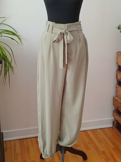 Pantalon paperbag sauge à nouer (L)