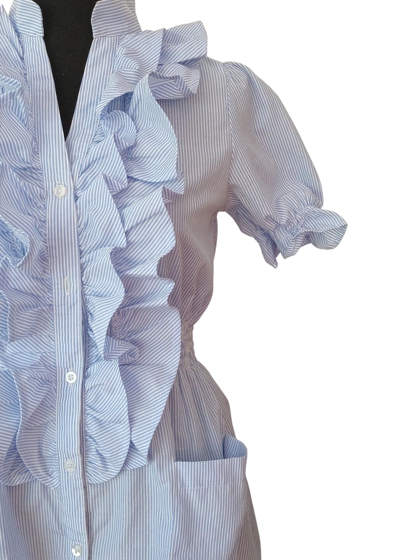 Robe chemise rayée bleu pâle à volants (P)