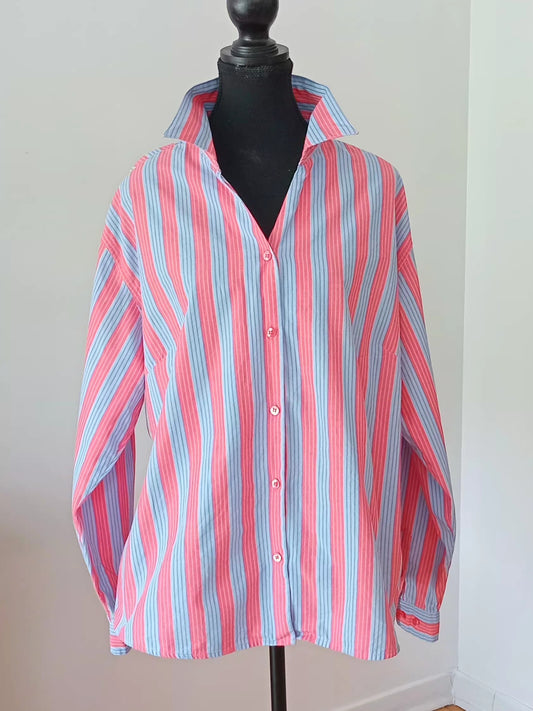 Chemise rayée bleu et corail en coton (TG)