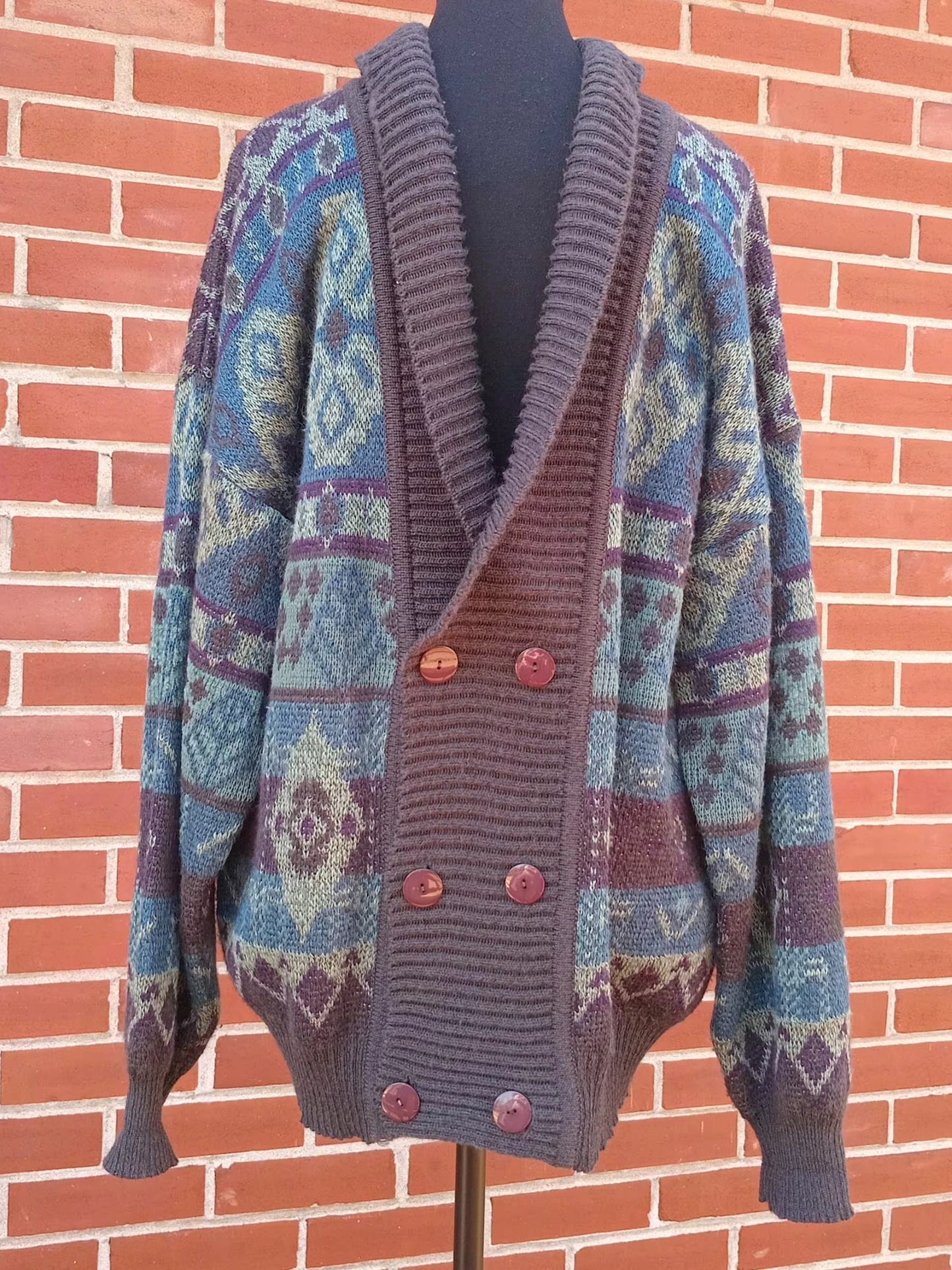 Cardigan vintage grand-papa motifs nordiques (L)