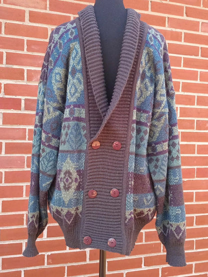 Cardigan vintage grand-papa motifs nordiques (L)