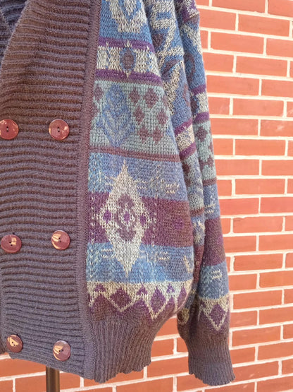 Cardigan vintage grand-papa motifs nordiques (L)