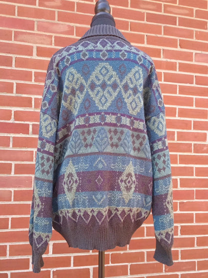 Cardigan vintage grand-papa motifs nordiques (L)