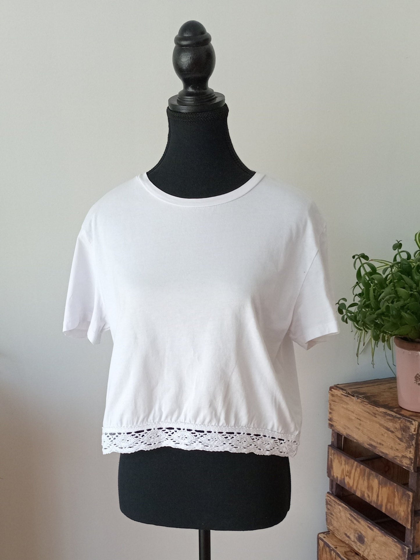 T-shirt boxy blanc détail crocheté (S)