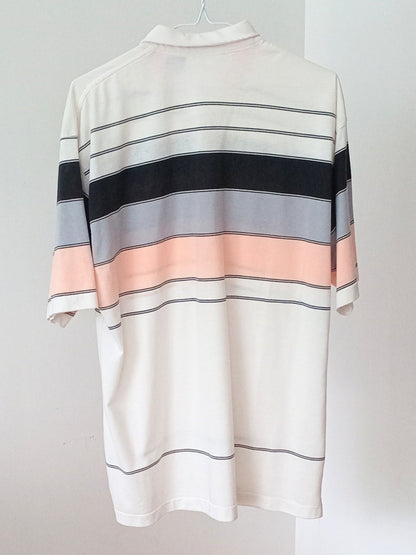Polo rayé corail, noir et gris (G)