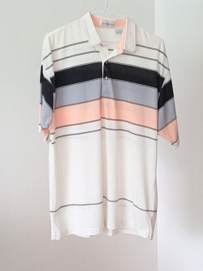 Polo rayé corail, noir et gris (G)