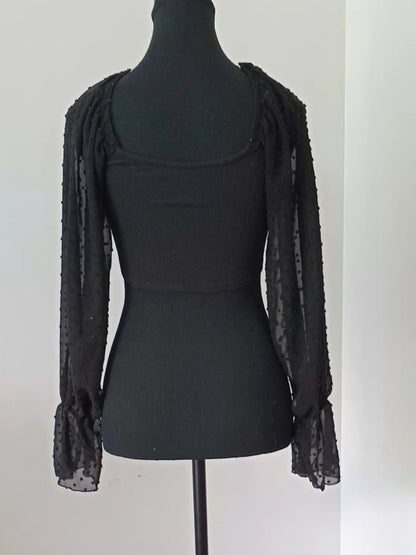 Crop top noir manches transparentes (S)