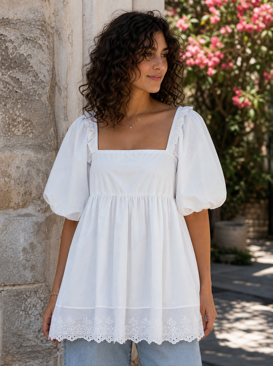 Blouse bohème à manches bouffantes blanche (M)