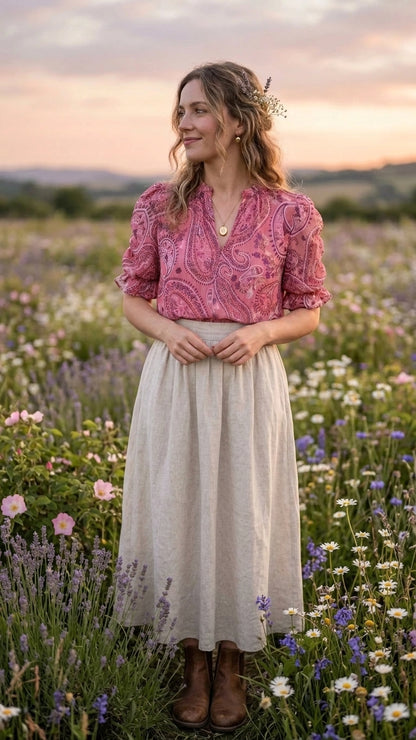 Blouse vieux rose à motif cachemire (M)